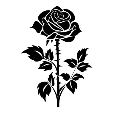 A striking black rose silhouette featuring elegant petals and leaves, perfect for use in tattoos, decorative art, and design projects.