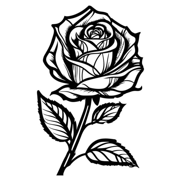 A detailed black and white illustration of a rose with intricate petals and leaves, perfect for art projects, prints, and floral designs.