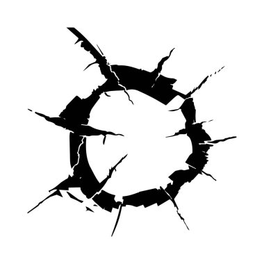 This image features a striking abstract black circle shape with sharp edges and cracks, creating a dramatic effect against a white background.