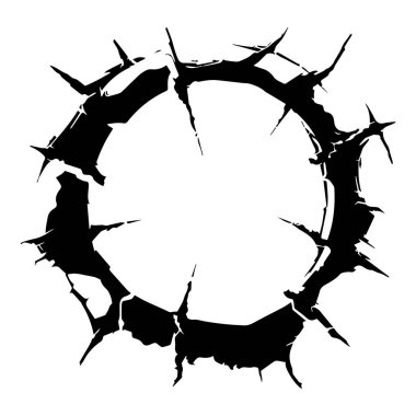 This abstract black circle features jagged edges and a thorn-like design, embodying themes of danger and nature in a minimalistic manner.