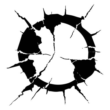 This abstract design features a cracked circle symbolizing fragmentation and tension. The monochrome color scheme enhances its dramatic impact.