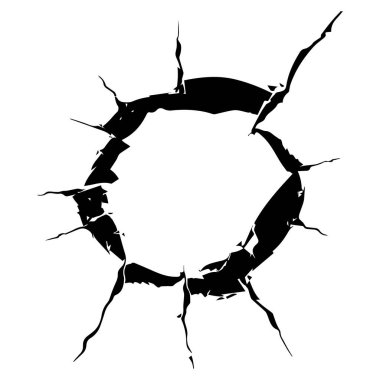 A striking black circular crack mark against a white background, perfect for creative projects, graphic design, and illustrating impact or damage themes.