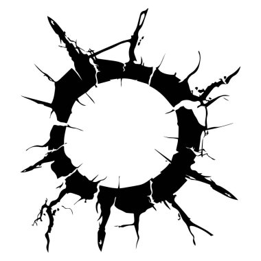 This image showcases a cracked circular shape with jagged edges, presenting intricate textures in black and white, perfect for diverse artistic uses.