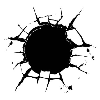 This graphic shows a black silhouette of a jagged crack forming a circular hole in a flat white background, perfect for abstract designs.