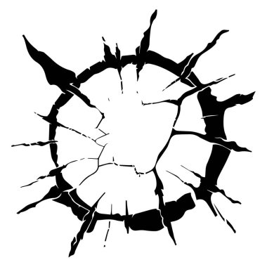 This black and white illustration depicts a circular hole with intricate cracks and shattered edges, creating a striking visual impact.