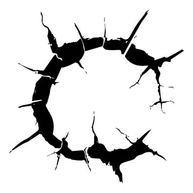 This image features a striking black circular crack with jagged edges set against a white background, ideal for creative design and artistic projects.
