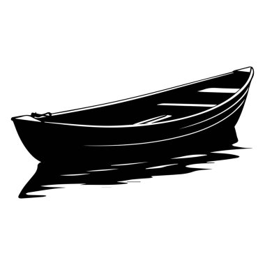 A simplistic silhouette of a small boat resting gently on the water, showcasing reflections and evoking a sense of tranquility and peace.