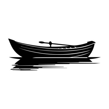 A striking silhouette of a vintage rowboat gently resting on calm water, creating a perfect reflection, ideal for artistic projects or designs.