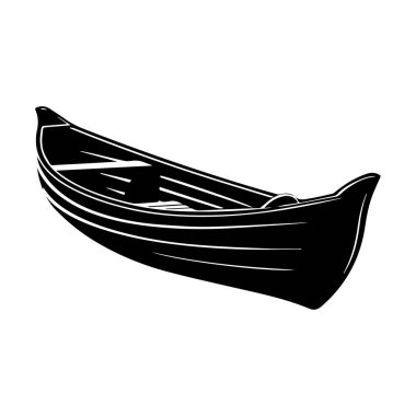 A minimalist black silhouette of a traditional wooden rowboat, showcasing a classic design against a clean white backdrop, ideal for various projects.