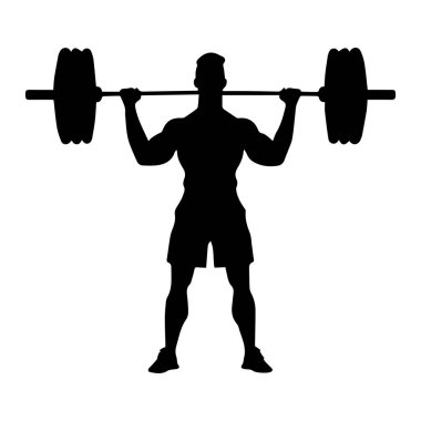 A powerful silhouette of a male weightlifter hoisting a heavy barbell above his head, showcasing dedication and strength during a gym workout.