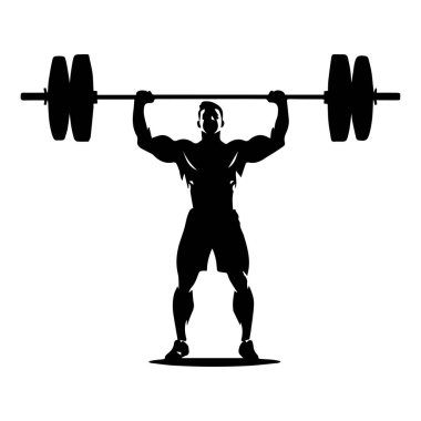 Visualize an energetic and determined male athlete performing an impressive overhead lift with a heavy barbell in a striking silhouette design.