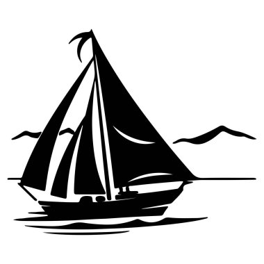 This beautiful black and white illustration features a sailboat gracefully navigating calm waters, with distant mountains adding to the peaceful scenery.
