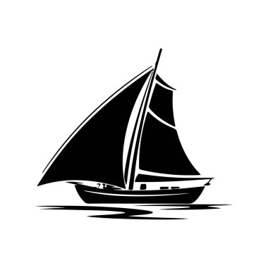 This minimalist black and white illustration features a sailboat with full sails gliding smoothly on calm waters, capturing the essence of serene maritime adventure.