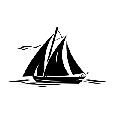 A striking black silhouette of a sailing boat with full sails gliding over a tranquil sea, ideal for conveying themes of adventure and freedom.