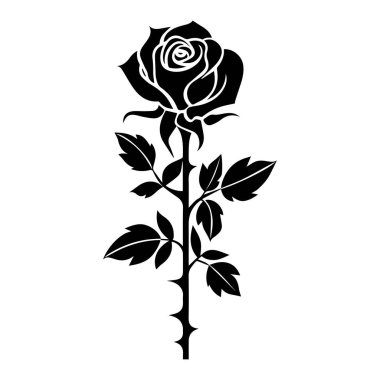 This elegant black silhouette of a rose flower showcases its beauty with a detailed stem and leaves, perfect for various artistic applications.