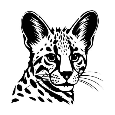 This black and white illustration of a serval cat showcases its unique spots and large ears, making it perfect for wildlife art projects.
