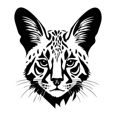 This striking black and white illustration captures the essence of a wild cat with detailed features and captivating expression, ideal for various creative uses.