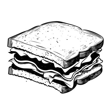 This detailed black and white illustration features a classic sandwich layered with meat, cheese, and fresh vegetables, showcasing culinary art.