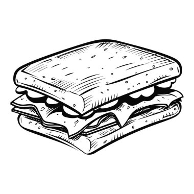 This hand-drawn illustration captures a delicious sandwich featuring layers of fresh lettuce, ripe tomato, and melted cheese between two toasted bread slices, perfect for food lovers.