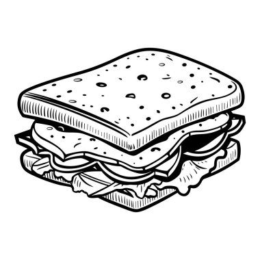 This hand-drawn illustration features a classic sandwich stacked with fresh ingredients. Perfect for food-related projects or menus, this graphic offers a unique artistic approach to culinary design.