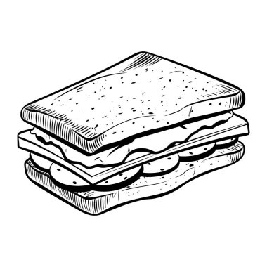A detailed black and white illustration of a delicious sandwich featuring layers of fresh lettuce, tomato, and cheese. Ideal for food-related projects.