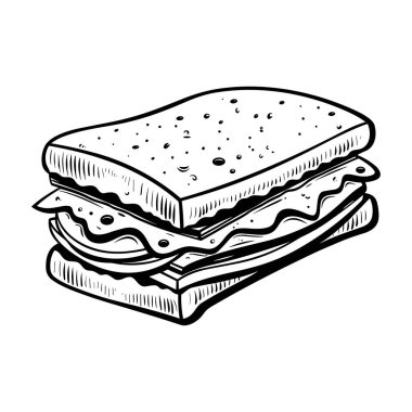 This hand-drawn sandwich illustration showcases multiple layers of ingredients, perfect for food-related projects, menus, and culinary designs.