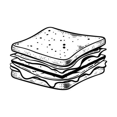 A detailed sketch of a layered sandwich showcasing fresh ingredients like cheese, lettuce, and tomato on toasted bread, perfect for food-related themes.