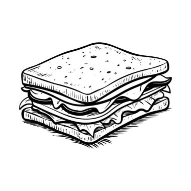 This hand-drawn illustration depicts a classic sandwich featuring layers of cheese, lettuce, and tomato. Perfect for food-related projects!