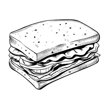 Artistic hand-drawn sketch of a layered sandwich with fresh ingredients, perfect for illustrating culinary themes and food creativity.