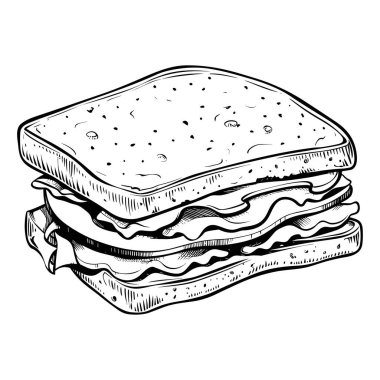 This hand-drawn sandwich illustration showcases the delicious layers of meat and cheese, ideal for menus, culinary blogs, and food-related projects.