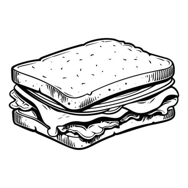 Hand-drawn illustration of a classic sandwich with melted cheese, fresh lettuce, and meat served on lightly toasted bread, ideal for culinary themes.