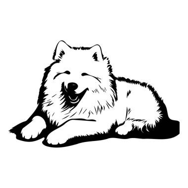 This illustration of a smiling Samoyed dog captures the essence of joy and calmness, showcasing its fluffy fur and happy demeanor in a striking black and white design.