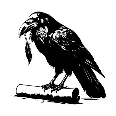 This artwork showcases a detailed black and white illustration of a raven with a feather in its beak, emphasizing intricate features and bold lines.
