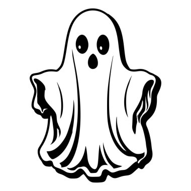 A whimsical black and white cartoon ghost illustration, ideal for Halloween-themed designs. Perfect for adding a playful touch to various projects.