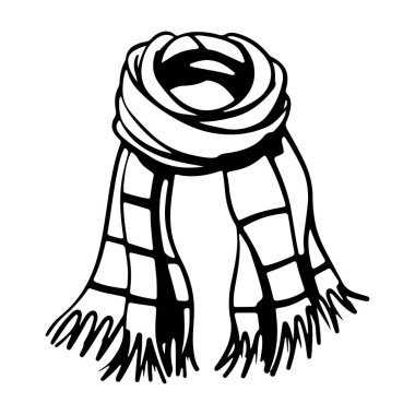 This illustration features a cozy knit scarf design in black and white, suitable for winter fashion, decor, or crafting projects.