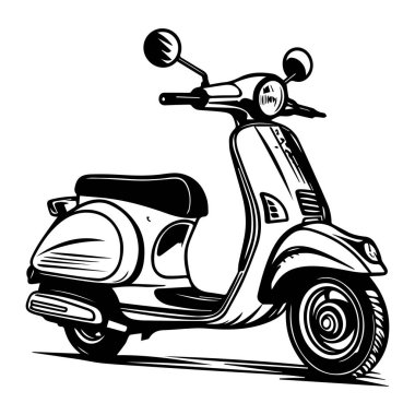 This black and white illustration depicts a vintage scooter, showcasing its retro charm and design. Ideal for travel, transport, and lifestyle themes.