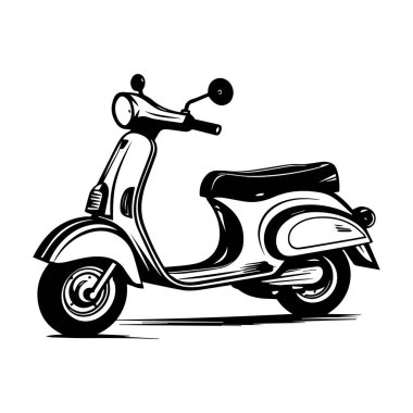 This black and white illustration of a vintage scooter captures the essence of retro style, perfect for various creative projects or urban themes.