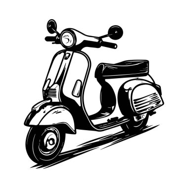 This vintage scooter illustration in black and white captures the essence of classic design with smooth lines, perfect for retro themed projects.