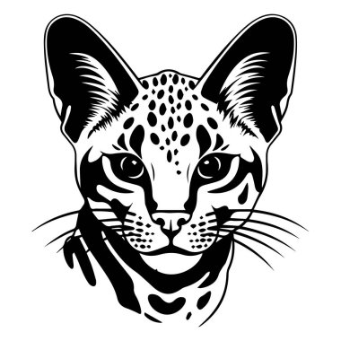 This striking black and white illustration features a wild cat with unique spots and captivating features, perfect for artistic projects and design inspiration.