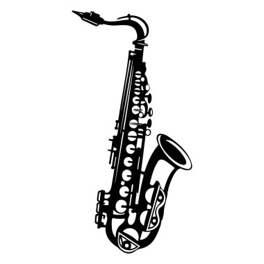 This black and white illustration features a detailed saxophone design, perfect for music-themed projects, events, and artistic expressions.