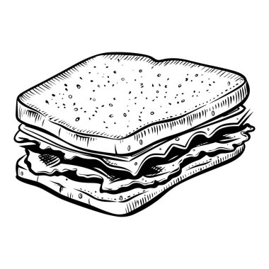 A hand-drawn illustration of a sandwich, showcasing layers of lettuce, cheese, and tomato between slices of bread, perfect for food-related projects.