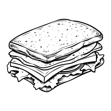 A detailed hand-drawn illustration of a classic sandwich showcasing layers of cheese, lettuce, and tomato between slices of bread. Perfect for food menus or blogs.