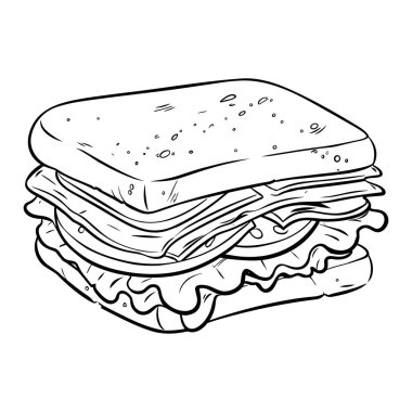 This hand-drawn illustration captures a delicious sandwich with layers of fresh lettuce, cheese, and meat, perfect for culinary artwork.