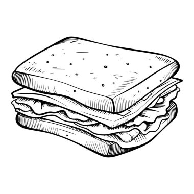 This hand-drawn sketch of a layered sandwich showcases fresh ingredients and textured bread, ideal for culinary design and food-related art.