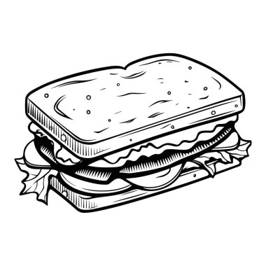 This hand-drawn sandwich illustration features vibrant lettuce, juicy tomato, and cheese nestled between two slices of bread. Perfect for food design.