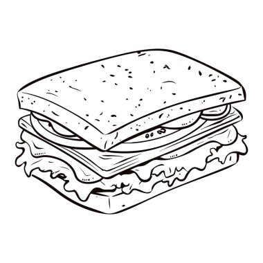 A detailed hand-drawn illustration of a delicious sandwich with layers of fresh ingredients, perfect for food-related projects or menus.