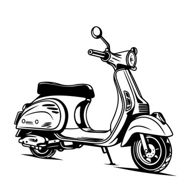 A detailed black and white outline illustration of a vintage scooter, perfect for graphic design, travel projects, or creative art uses.