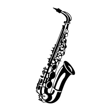 Stunning black and white illustration of a saxophone, showcasing its detailed design. Perfect for music lovers, jazz enthusiasts, and creative projects.