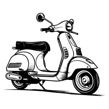 This vintage scooter illustration showcases a classic design in black and white, perfect for creative projects, merchandise, and lifestyle branding.