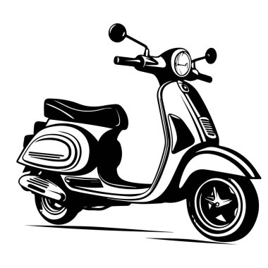 This black and white illustration of a vintage scooter captures its timeless charm and elegance, perfect for transport and lifestyle themes.